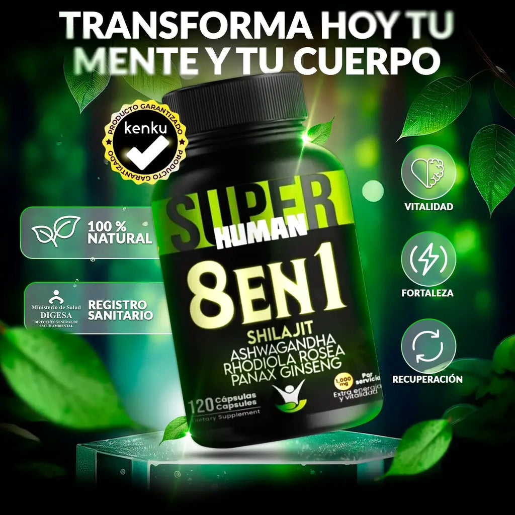 SuperHuman™ 8 en 1 Cápsulas - Shilajit Ashwagandha Rhodiola Rosea Panax y Ginseng (120 Cápsulas)