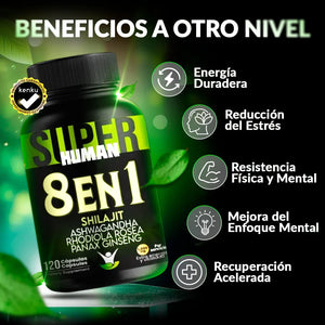 SuperHuman™ 8 en 1 Cápsulas - Shilajit Ashwagandha Rhodiola Rosea Panax y Ginseng (120 Cápsulas)